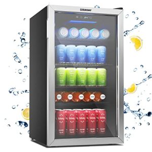 euhomy beverage refrigerator and cooler, 110 can mini fridge with glass door, small refrigerator with adjustable shelves for soda beer or wine, perfect for home/bar/office (slive).