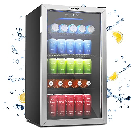 EUHOMY Beverage Refrigerator and Cooler, 110 Can Mini fridge with Glass Door, Small Refrigerator with Adjustable Shelves for Soda Beer or Wine, Perfect for Home/Bar/Office (Slive).