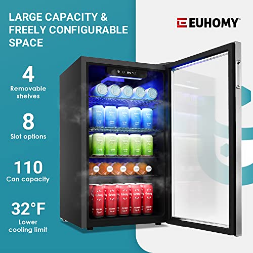 EUHOMY Beverage Refrigerator and Cooler, 110 Can Mini fridge with Glass Door, Small Refrigerator with Adjustable Shelves for Soda Beer or Wine, Perfect for Home/Bar/Office (Slive).