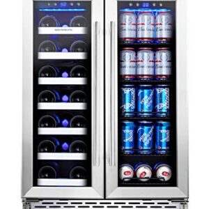 Phiestina Wine Cooler Beverage Refrigerator, 24” Beer Wine Fridge with Dual-Zone Digital Temperature Control, Glass Front Doors and Interior Lighting Holds 20 Bottles and 72 Cans on Removable Shelves