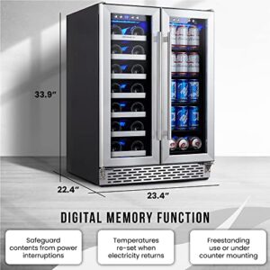 Phiestina Wine Cooler Beverage Refrigerator, 24” Beer Wine Fridge with Dual-Zone Digital Temperature Control, Glass Front Doors and Interior Lighting Holds 20 Bottles and 72 Cans on Removable Shelves