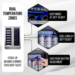 Phiestina Wine Cooler Beverage Refrigerator, 24” Beer Wine Fridge with Dual-Zone Digital Temperature Control, Glass Front Doors and Interior Lighting Holds 20 Bottles and 72 Cans on Removable Shelves