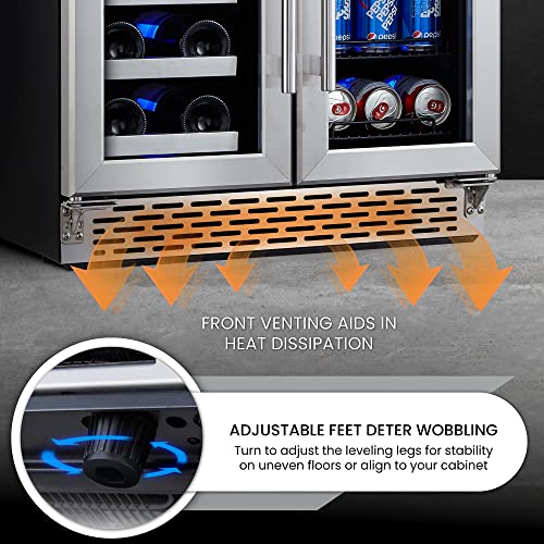 Phiestina Wine Cooler Beverage Refrigerator, 24” Beer Wine Fridge with Dual-Zone Digital Temperature Control, Glass Front Doors and Interior Lighting Holds 20 Bottles and 72 Cans on Removable Shelves