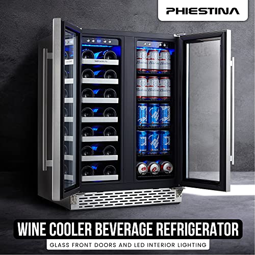 Phiestina Wine Cooler Beverage Refrigerator, 24” Beer Wine Fridge with Dual-Zone Digital Temperature Control, Glass Front Doors and Interior Lighting Holds 20 Bottles and 72 Cans on Removable Shelves