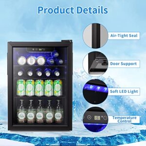 Antarctic Star Mini Fridge-100 Can Beverage Refrigerator Wine Cooler Clear Front Glass Door Small Drink Touch Screen for Soda Beer Bar Office Home 2.6 cu.ft