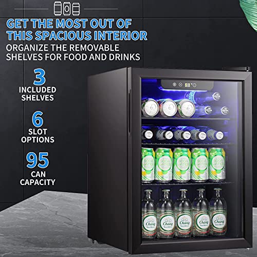 Antarctic Star Mini Fridge-100 Can Beverage Refrigerator Wine Cooler Clear Front Glass Door Small Drink Touch Screen for Soda Beer Bar Office Home 2.6 cu.ft