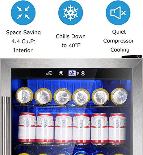 Antarctic Star Beverage Refrigerator Cooler - 145 Can Mini Fridge Glass Door for Soda Beer or Wine Small Drink Dispenser Clear Front for Home, Office or Bar, Silver,4.4cu.ft