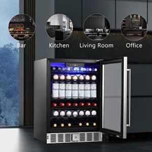 Antarctic Star 5.1 Cu.Ft Beverage Refrigerator- Wine Cooler Low Noise Transparent Glass Door LED Light Stainless Steel Efficient Cooling System with a Lock 115V 60Hz for Home and Bar 24inch, Silver