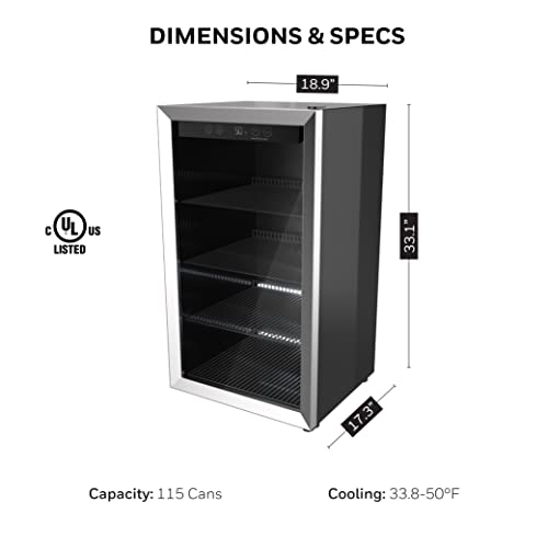 Honeywell Beverage Refrigerator and Cooler, 115 Can Mini Fridge with Glass Door for Soda Beer or Wine for Office or Bar with Adjustable Removable Shelving