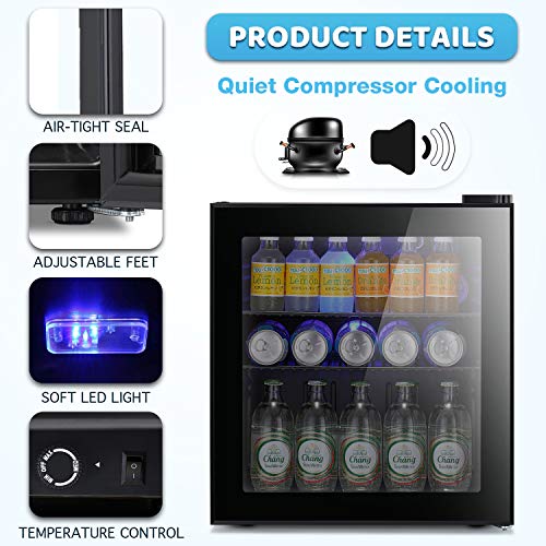 Antarctic Star Mini Fridge Cooler - 70 Can Beverage Refrigerator Black Glass Door for Beer Soda or Wine –Small Drink Dispenser Machine Clear Front Removable for Home, Office or Bar, 1.6cu.ft.