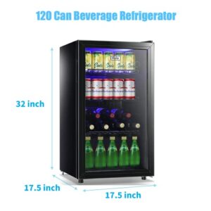 WANAI Beverage Refrigerators 120-Can Small Mini Fridge for Home, Office or Bar with Glass Door and Adjustable Removable Shelves，Perfect for Soda Beer or Wine, Stainless Steel, 3.5 Cu.Ft.