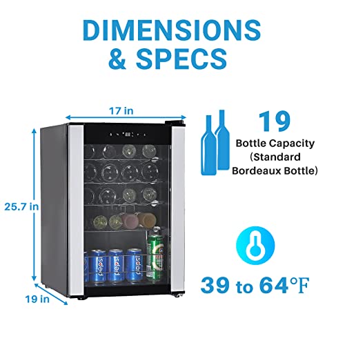 Techomey Wine Fridge Freestanding, 19 Bottle Compressor Wine Cooler Refrigerator with Digital Thermostat and Glass Door, Stainless Steel
