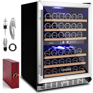 vinerie premium 24 inch wine cooler refrigerators, 46 bottle dual zone built-in or freestanding fridge with upgrade compressor & tempered glass door, 41f-73f digital temperature control