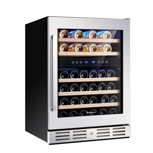 Kalamera 24'' Wine Cooler Refrigerator 40 Bottle - Dual Zone Built-in or Freestanding Fridge with Seamless Stainless Steel & Triple-Layer Tempered Reversible Glass Door and Temperature Memory Function