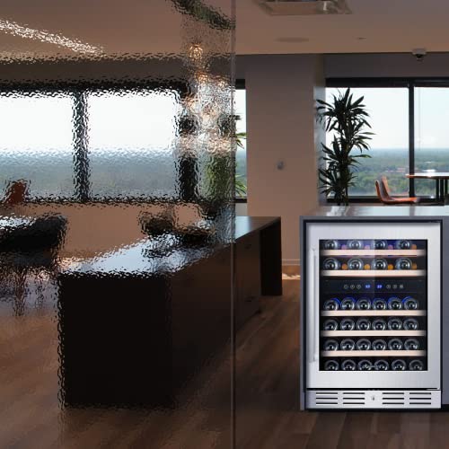 Kalamera 24'' Wine Cooler Refrigerator 40 Bottle - Dual Zone Built-in or Freestanding Fridge with Seamless Stainless Steel & Triple-Layer Tempered Reversible Glass Door and Temperature Memory Function