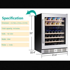 Kalamera 24'' Wine Cooler Refrigerator 40 Bottle - Dual Zone Built-in or Freestanding Fridge with Seamless Stainless Steel & Triple-Layer Tempered Reversible Glass Door and Temperature Memory Function