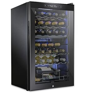 schmecke 33 bottle dual zone wine cooler refrigerator w/lock | large freestanding wine cellar | 41f-64f digital temperature control wine fridge for red, white, champagne or sparkling wine – black