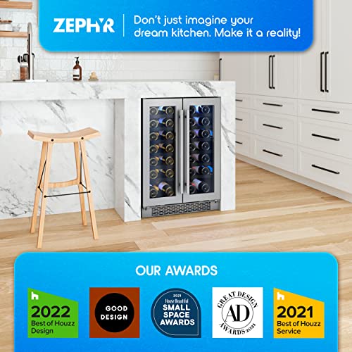 Zephyr Presrv 24" Wine Fridge Dual Zone Under Counter - Countertop Mini Wine Cooler Cellars Small Cabinet Wine Refrigerator Home Bar Chiller Freestanding with Two French Glass Door, 21 Bottles 750ml