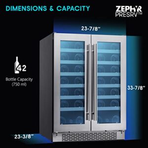Zephyr Presrv 24" Wine Fridge Dual Zone Under Counter - Countertop Mini Wine Cooler Cellars Small Cabinet Wine Refrigerator Home Bar Chiller Freestanding with Two French Glass Door, 21 Bottles 750ml
