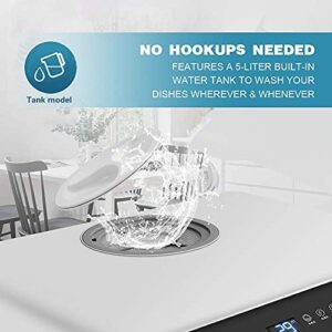 Portable Countertop Dishwasher, 5 Washing Programs, Built-in 3-Cups Water Tank, 3D Cyclone Spray, Fruit & Vegetable Cleaning with Basket, High Temperature, Air Drying - Lights, Faucet Adapter Included