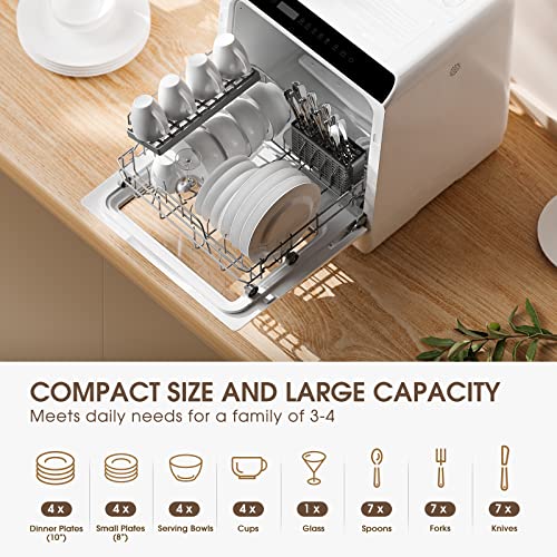 Portable Countertop Dishwashers, NOVETE Compact Dishwashers with 5 L Built-in Water Tank & Inlet Hose, 5 Washing Programs, Baby Care, Air-Dry Function and LED Light for Small Apartments, Dorms and RVs