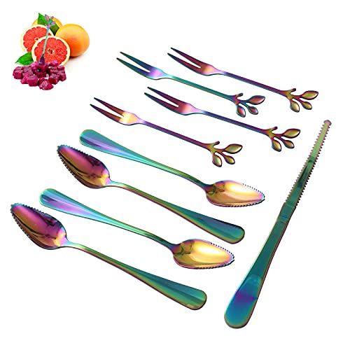 [9-Pack] Grapefruit Spoons and Grapefruit Knife Set, With 4 Stainless Steel Serrated Spoon and 1 Serrated Knife and 4 Dessert Forks, Rainbow Color