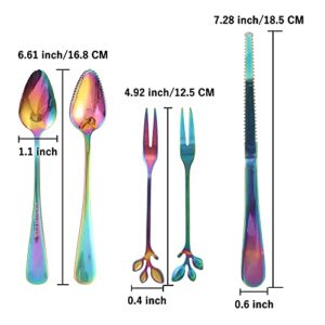 [9-Pack] Grapefruit Spoons and Grapefruit Knife Set, With 4 Stainless Steel Serrated Spoon and 1 Serrated Knife and 4 Dessert Forks, Rainbow Color