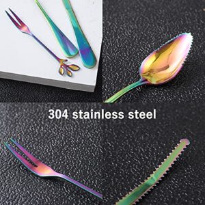 [9-Pack] Grapefruit Spoons and Grapefruit Knife Set, With 4 Stainless Steel Serrated Spoon and 1 Serrated Knife and 4 Dessert Forks, Rainbow Color