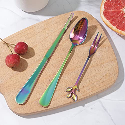 [9-Pack] Grapefruit Spoons and Grapefruit Knife Set, With 4 Stainless Steel Serrated Spoon and 1 Serrated Knife and 4 Dessert Forks, Rainbow Color