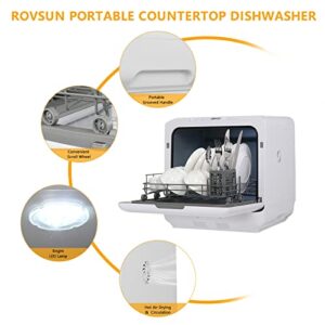 ROVSUN Portable Countertop Dishwasher, Mini Dishwasher with 5 Washing Programs, 5L Built-in Water Tank, 360° Spray Arms, Air-Dry Function & Fruit Cleaning for Apartments, Dorms and RVs (White)