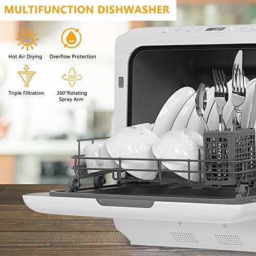 ROVSUN Portable Countertop Dishwasher, Mini Dishwasher with 5 Washing Programs, 5L Built-in Water Tank, 360° Spray Arms, Air-Dry Function & Fruit Cleaning for Apartments, Dorms and RVs (White)