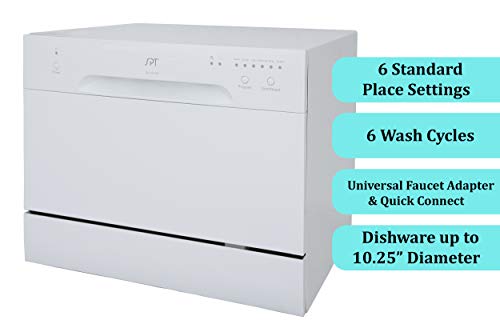 SPT SD-2213W ENERGY STAR Compact Countertop Dishwasher - Portable Dishwasher with Stainless Steel Interior and 6 Place Settings Rack Silverware Basket for Apartment Office And Home Kitchen, White