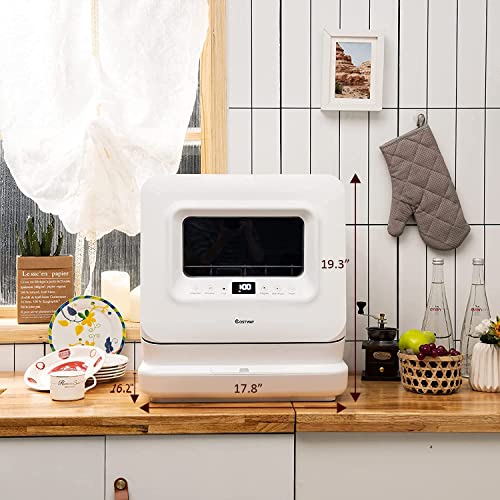 ARLIME Compact Countertop Dishwasher, Portable Dishwasher W/7.5-L Built-in Water Tank, 5-Program, 360° Dual Spray, 24H Air-Dry Function, Child Lock, Mini Dishwasher for Apartments, Dorms & RVs, White