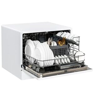 chefjoy countertop dishwasher, built-in dishwasher with 6 place settings, 360° dual spray, 5 washing programs, 24h delay timer & child lock, portable compact dishwasher, white