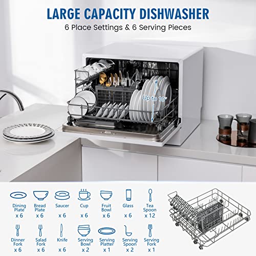 CHEFJOY Countertop Dishwasher, Built-in Dishwasher with 6 Place Settings, 360° Dual Spray, 5 Washing Programs, 24H Delay Timer & Child Lock, Portable Compact Dishwasher, White