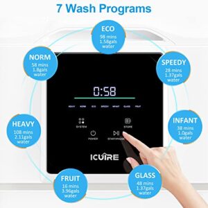 ICUIRE Portable Dishwasher Countertop, No Hookup Needed, 7 Programs, PTC Air-Dry, Anti-Leakage, Fruit & Vegetable Soaking, Mini Dishwasher for Apartments, Dorms and RVs