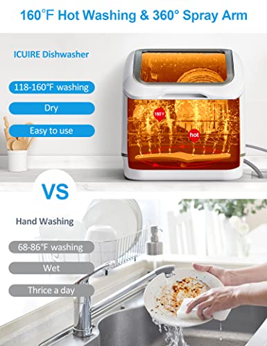 ICUIRE Portable Dishwasher Countertop, No Hookup Needed, 7 Programs, PTC Air-Dry, Anti-Leakage, Fruit & Vegetable Soaking, Mini Dishwasher for Apartments, Dorms and RVs