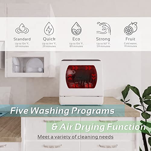 Portable Countertop Dishwasher, 5 Washing Programs Mini Dishwasher with 5L Built-in Water Tank & Inlet Hose, Baby Care & Fruit Wash for Small Apartment, Dorms, RVs -White