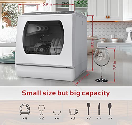 Portable Countertop Dishwasher, 5 Washing Programs Mini Dishwasher with 5L Built-in Water Tank & Inlet Hose, Baby Care & Fruit Wash for Small Apartment, Dorms, RVs -White