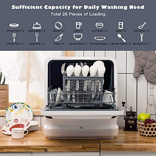 COSTWAY Portable Countertop Dishwasher, Compact Dishwasher with 7.5 L Built-in Water Tank, 360° Dual Spray Arms, 5 Washing Programs, Air-Dry Function, Child Lock, Mini Dishwasher for Apartment, RV