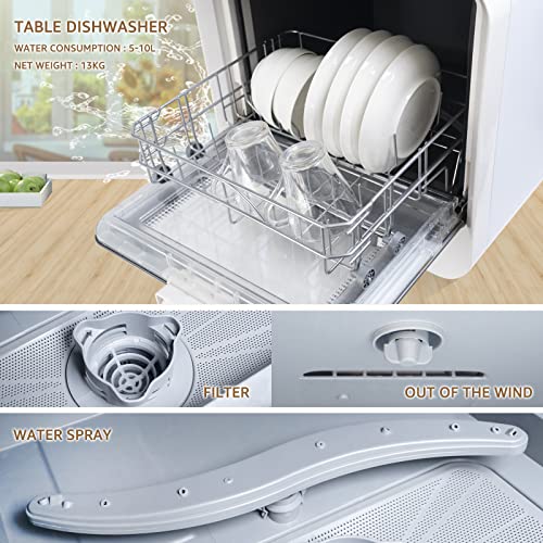 LemoHome Countertop Dishwasher, 5 Washing Programs Portable Dishwasher With 5-Liter Built-in Water Tank For Glass Door,for Small Apartments, Dorms and RVs