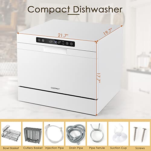 COSTWAY Countertop Dishwasher, Compact Built-In Dishwasher with 6 Places Settings, 5 Washing Programs, 360° Top & Lower Spray Arms and 24 H Timer, Portable Dishwasher for Apartments, Dorms, RVs, White