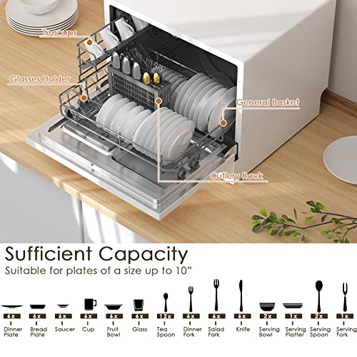 COSTWAY Countertop Dishwasher, Compact Built-In Dishwasher with 6 Places Settings, 5 Washing Programs, 360° Top & Lower Spray Arms and 24 H Timer, Portable Dishwasher for Apartments, Dorms, RVs, White