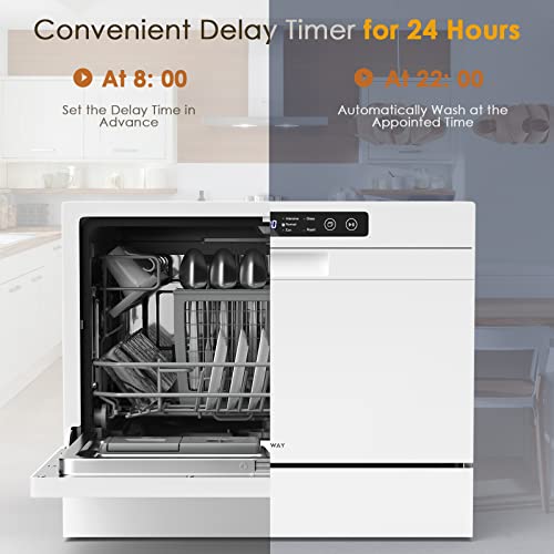 COSTWAY Countertop Dishwasher, Compact Built-In Dishwasher with 6 Places Settings, 5 Washing Programs, 360° Top & Lower Spray Arms and 24 H Timer, Portable Dishwasher for Apartments, Dorms, RVs, White