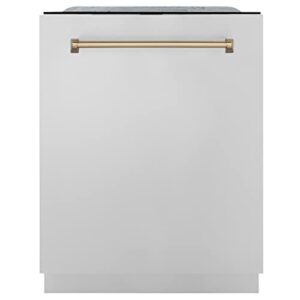 ZLINE Autograph Edition 24" 3rd Rack Top Touch Control Tall Tub Dishwasher in Stainless Steel with Champagne Bronze Handle, 51dBa (DWMTZ-304-24-CB)