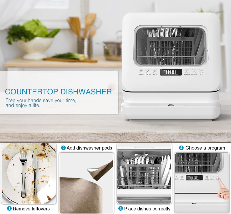 Countertop Dishwasher, Portable Dishwasher with Water Tank and Air-Dry Function