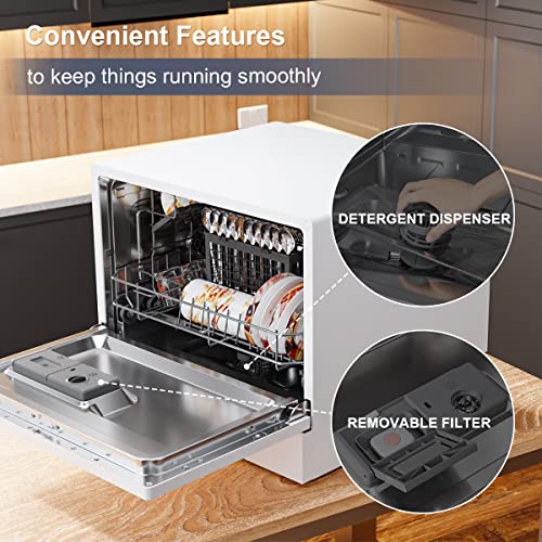 Comfook Compact Dishwasher Big Capacity Countertop Dishwasher with 5 Washing Programs, Portable Dishwasher with 6 Place Setting Rack and Silverware Basket for Party, Apartments, Dorms, RV, Boats