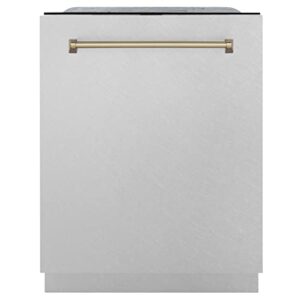 ZLINE Autograph Edition 24" 3rd Rack Top Touch Control Tall Tub Dishwasher in DuraSnow® Stainless Steel with Champagne Bronze Handle, 51dBa (DWMTZ-SN-24-CB)