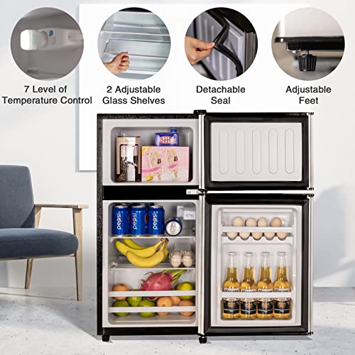 Anukis Compact Refrigerator 3.5 Cu Ft 2 Door Mini Fridge with Freezer For Apartment, Dorm, Office, Family, Basement, Garage, Silver