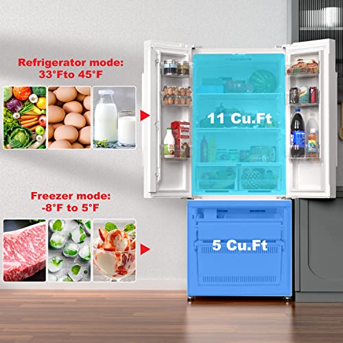 Galanz GLR16FWEE16 3-French Door Refrigerator with Bottom Freezer Adjustable Electrical Thermostat, Humidity Control, Frost-Free, 16 Cu.Ft, White, cu ft